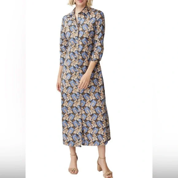 NWT! J. McLaughlin Louisa Dress in Camel/ Blue Pomegranate Grove Midi Dress XS - Picture 5 of 8